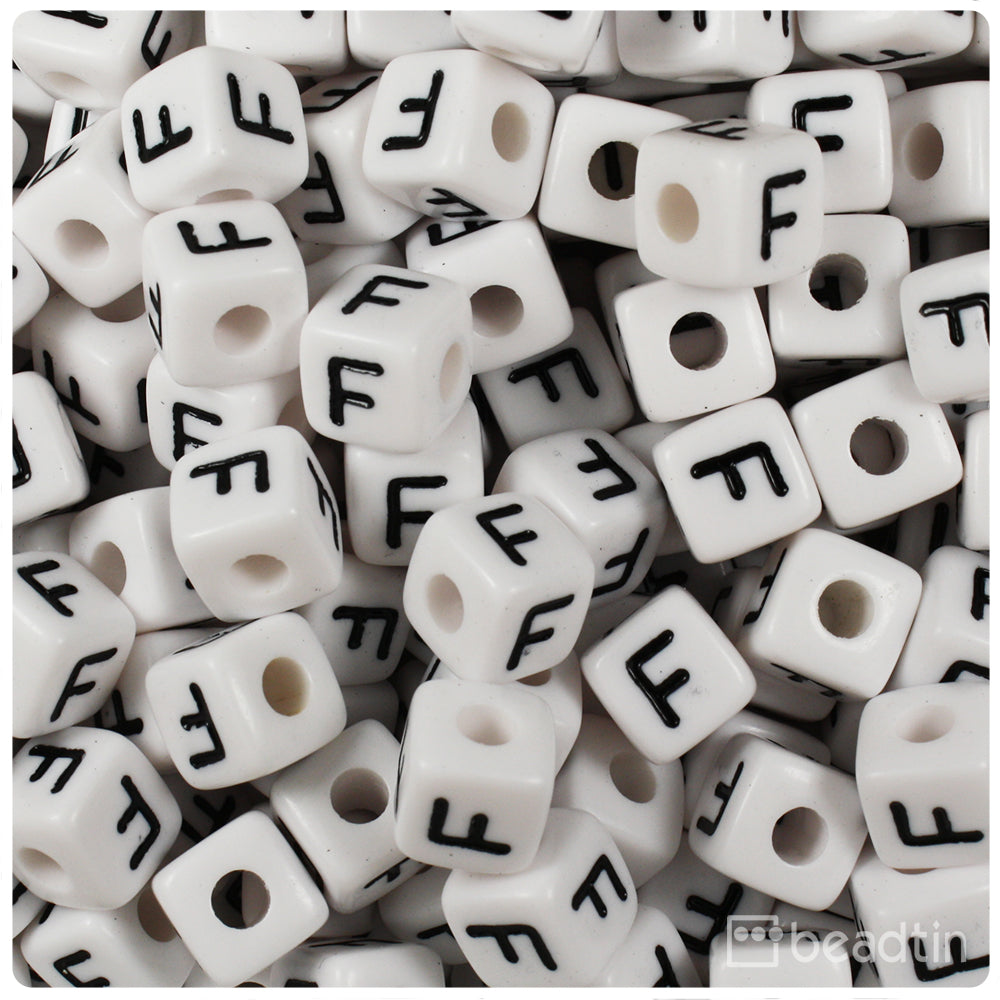 White Opaque 10mm Cube Alpha Beads - Black Letter F (20pcs)