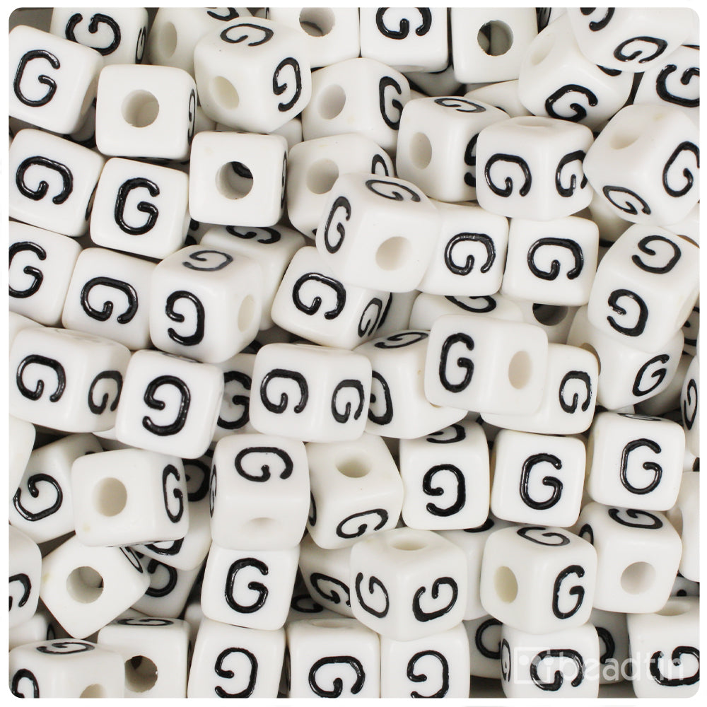 White Opaque 10mm Cube Alpha Beads - Black Letter G (20pcs)