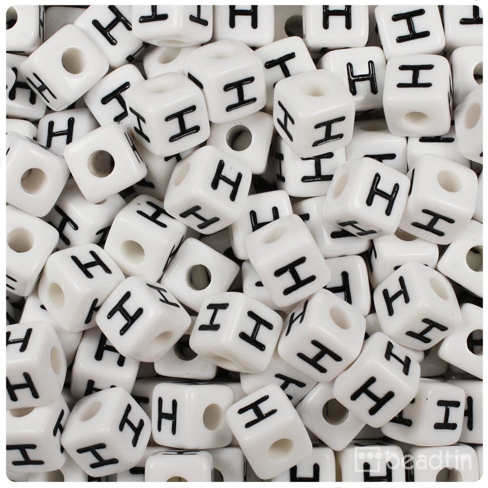 White Opaque 10mm Cube Alpha Beads - Black Letter H (20pcs)