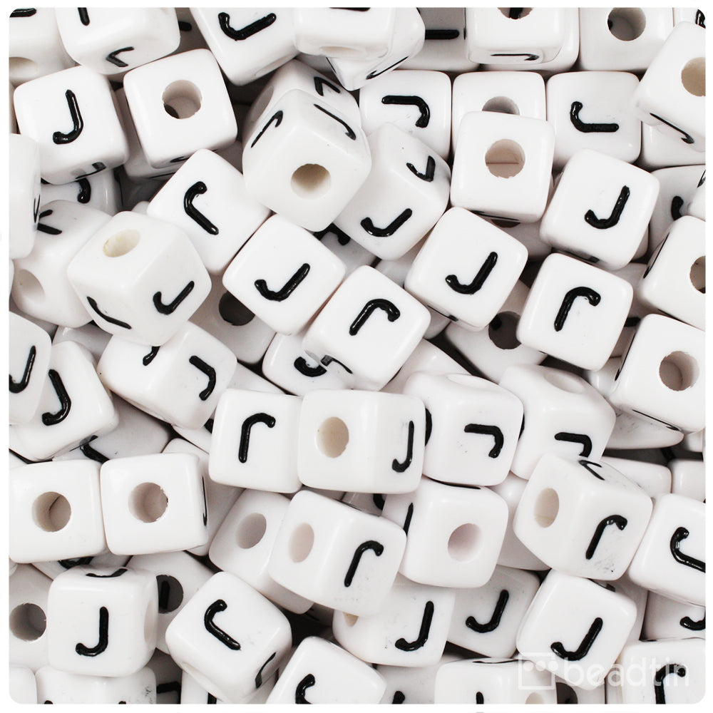 White Opaque 10mm Cube Alpha Beads - Black Letter J (20pcs)