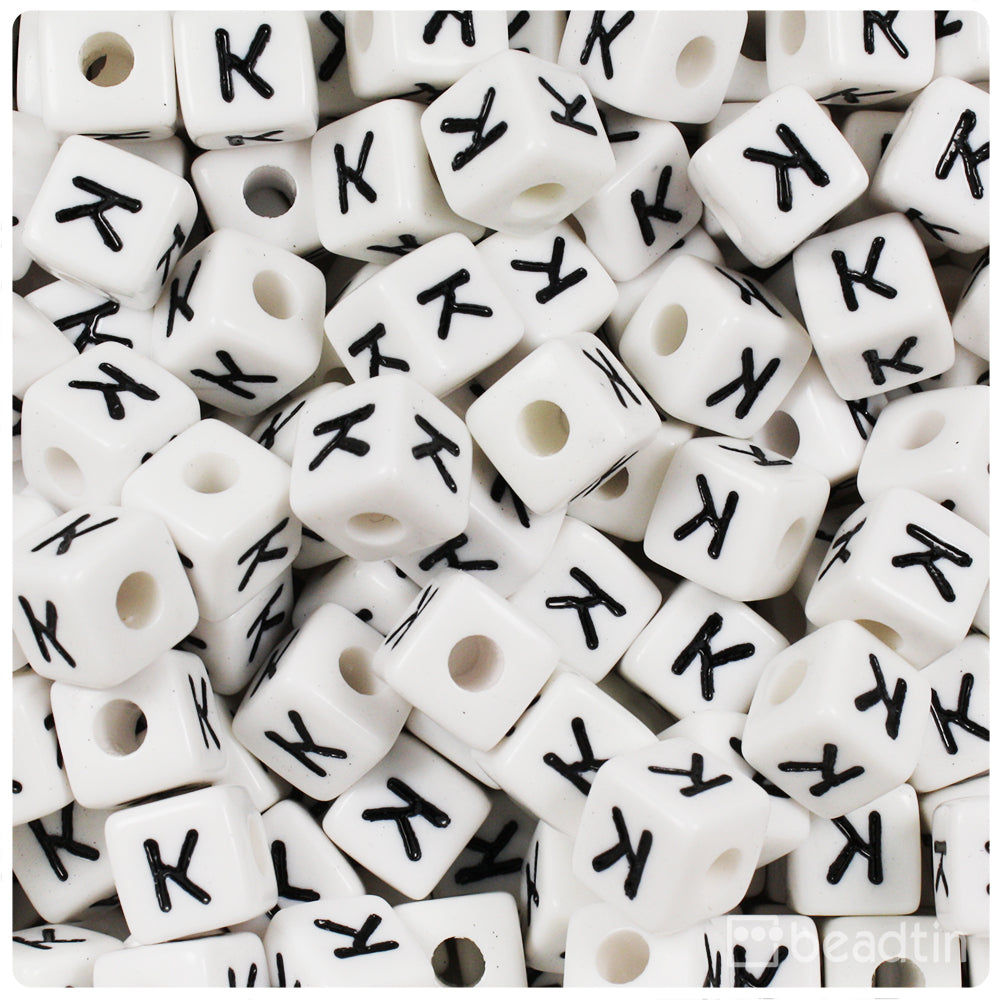 White Opaque 10mm Cube Alpha Beads - Black Letter K (20pcs)