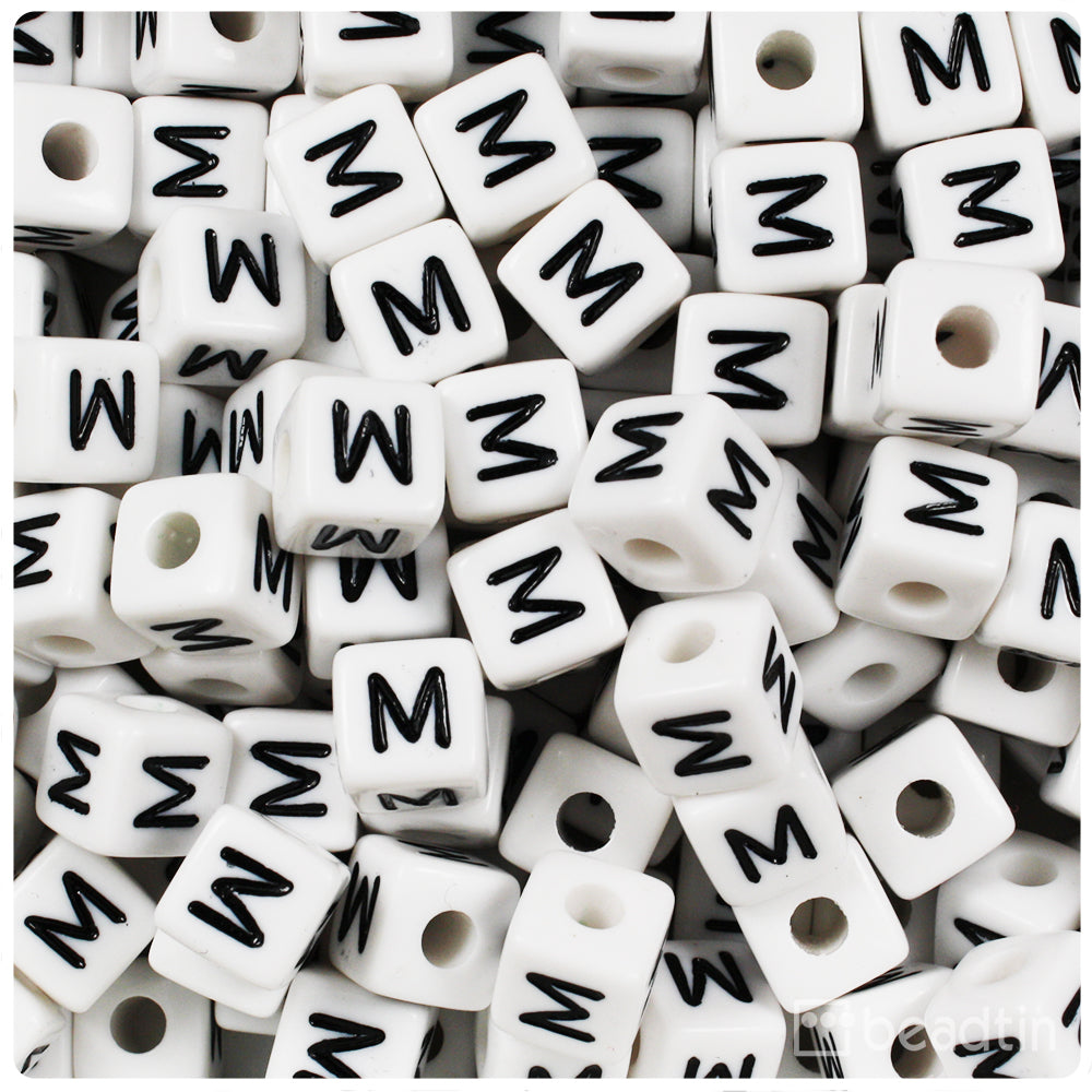 White Opaque 10mm Cube Alpha Beads - Black Letter M (20pcs)