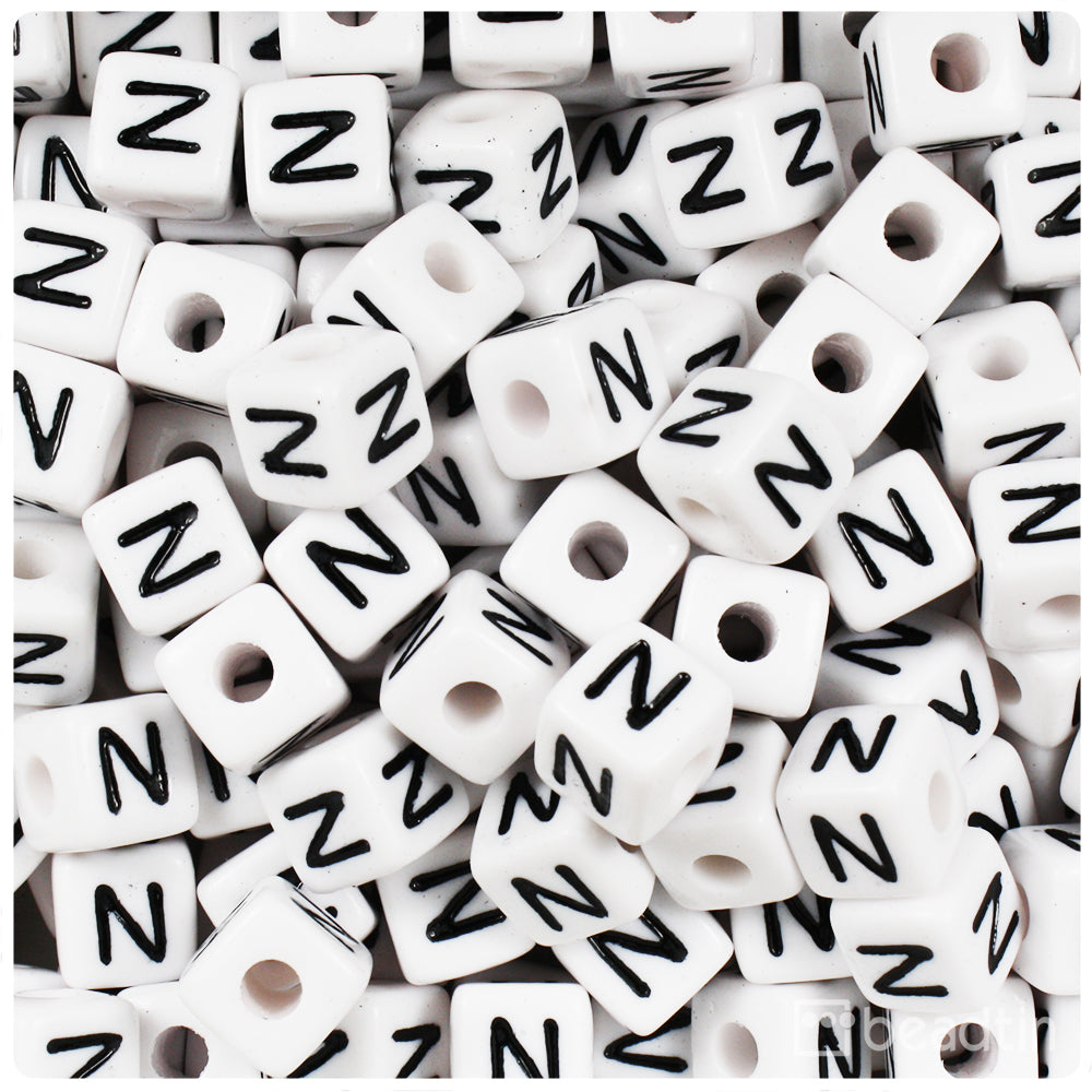 White Opaque 10mm Cube Alpha Beads - Black Letter N (20pcs)