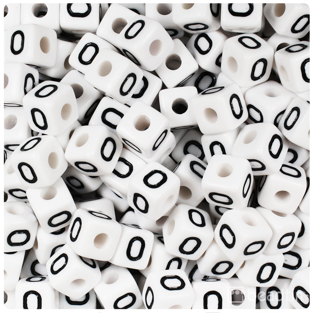 White Opaque 10mm Cube Alpha Beads - Black Letter O (20pcs)