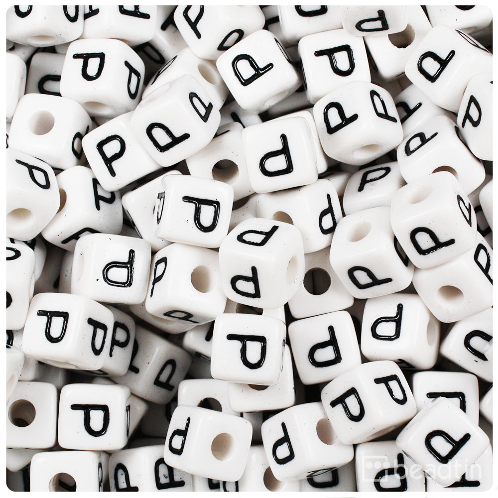 White Opaque 10mm Cube Alpha Beads - Black Letter P (20pcs)