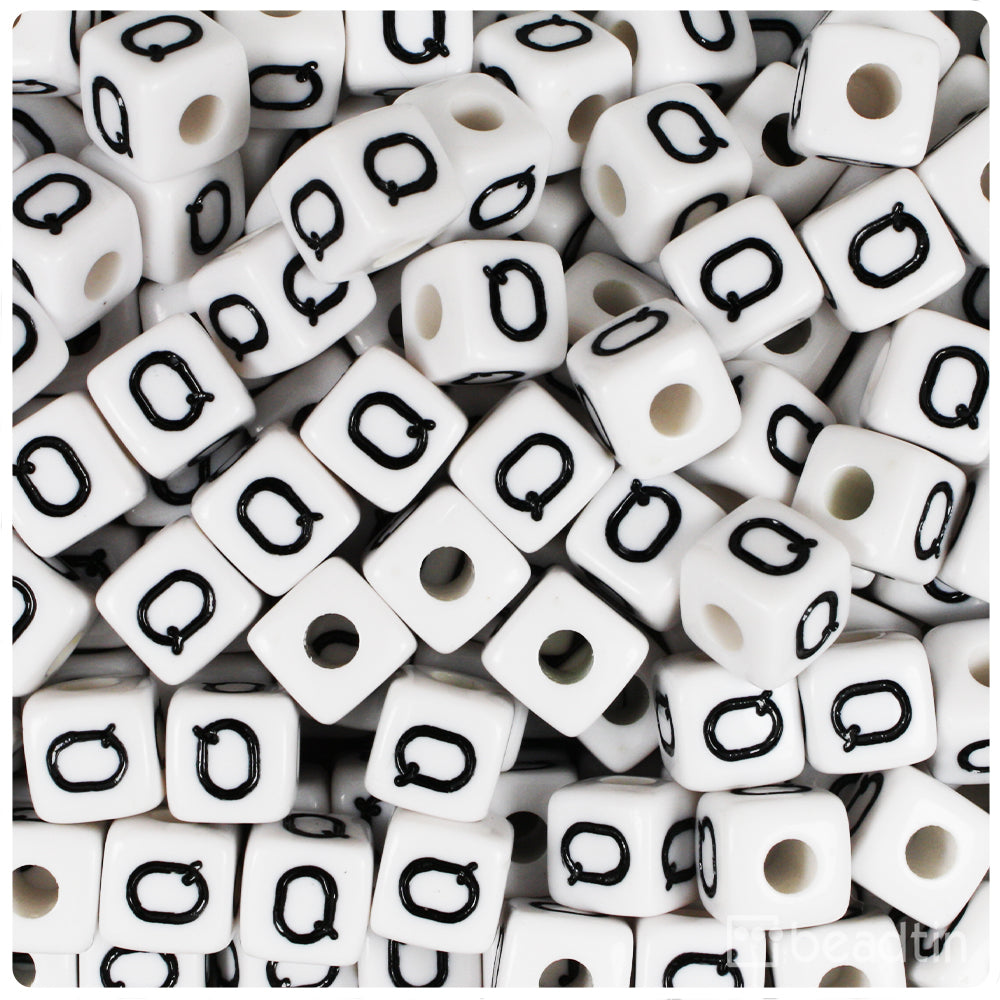 White Opaque 10mm Cube Alpha Beads - Black Letter Q (20pcs)