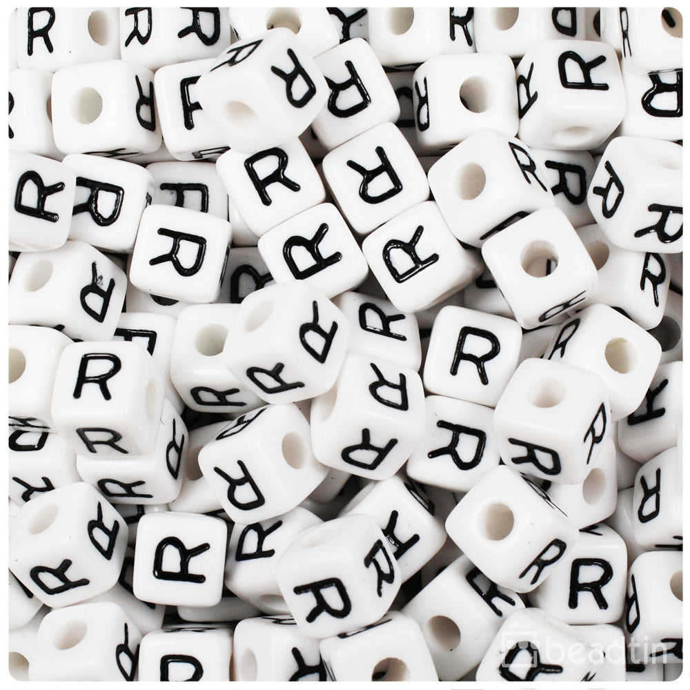 White Opaque 10mm Cube Alpha Beads - Black Letter R (20pcs)