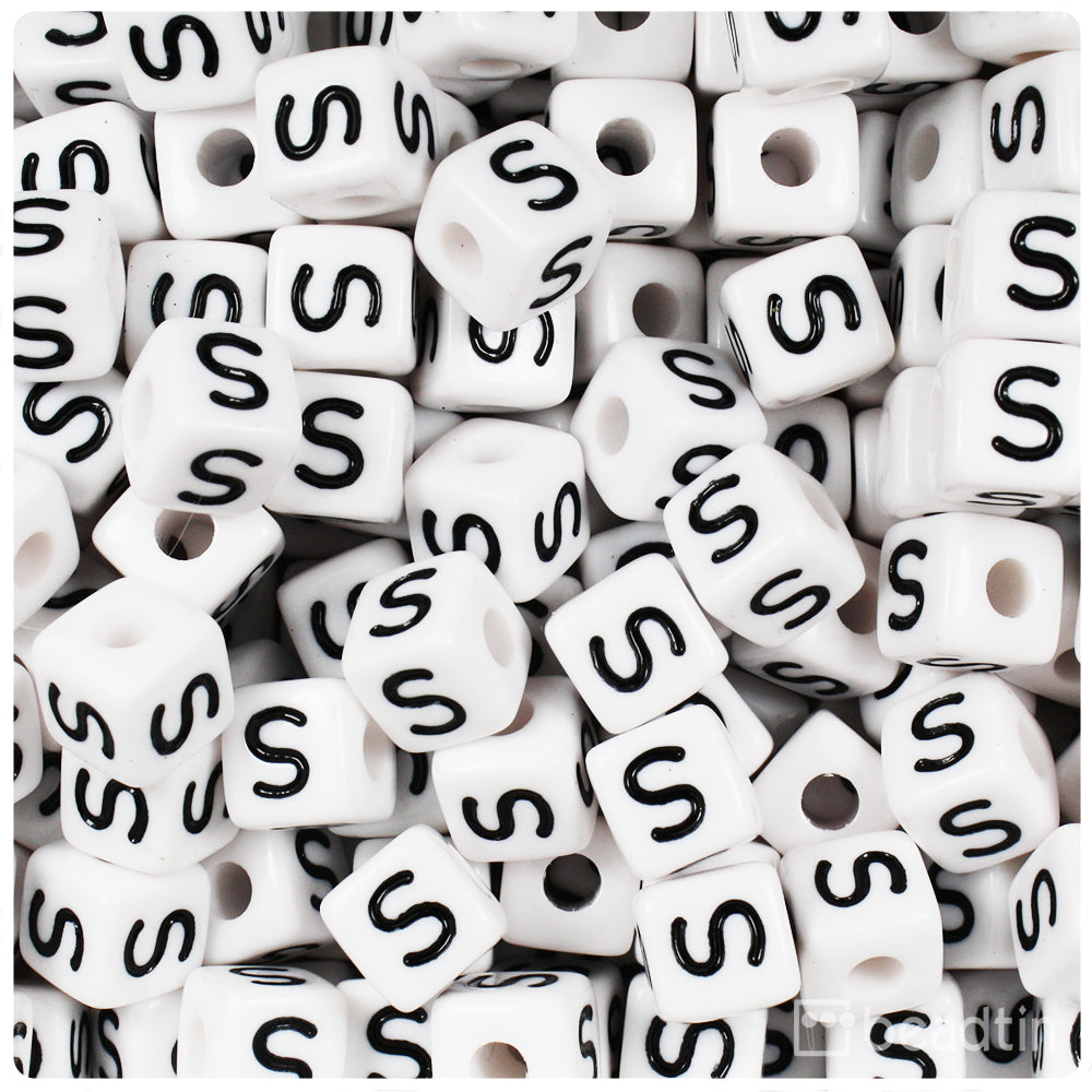 White Opaque 10mm Cube Alpha Beads - Black Letter S (20pcs)