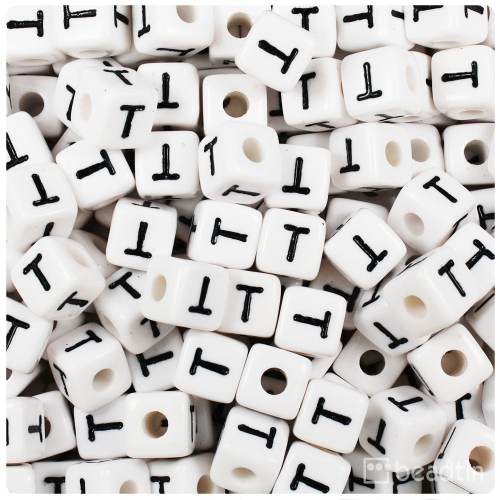 White Opaque 10mm Cube Alpha Beads - Black Letter T (20pcs)