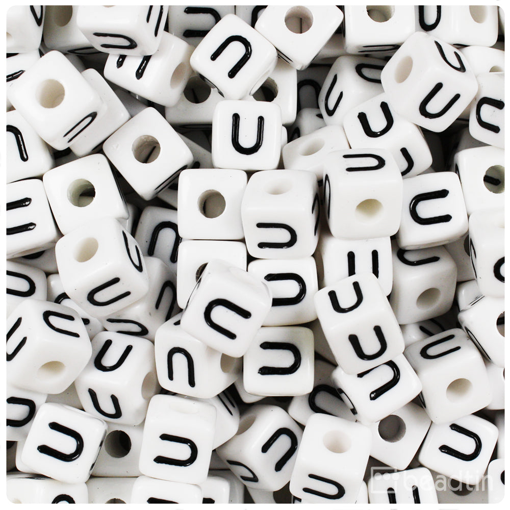 White Opaque 10mm Cube Alpha Beads - Black Letter U (20pcs)
