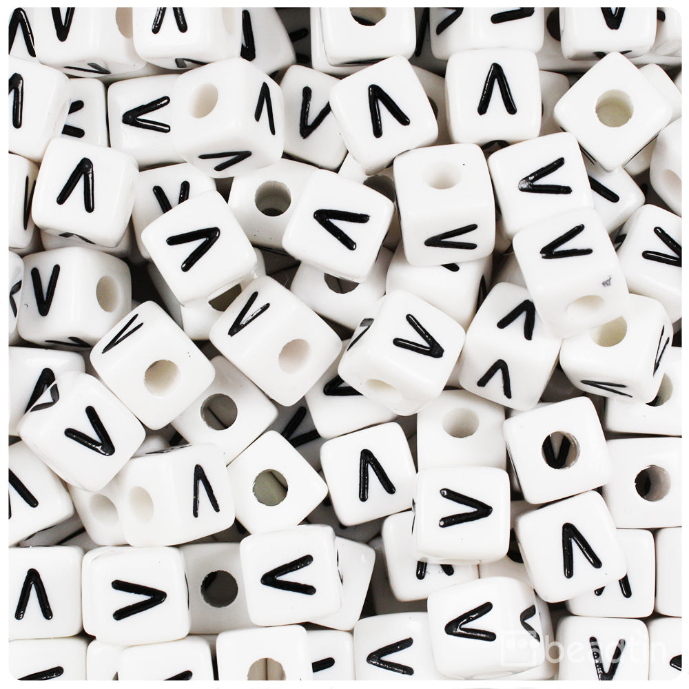 White Opaque 10mm Cube Alpha Beads - Black Letter V (20pcs)