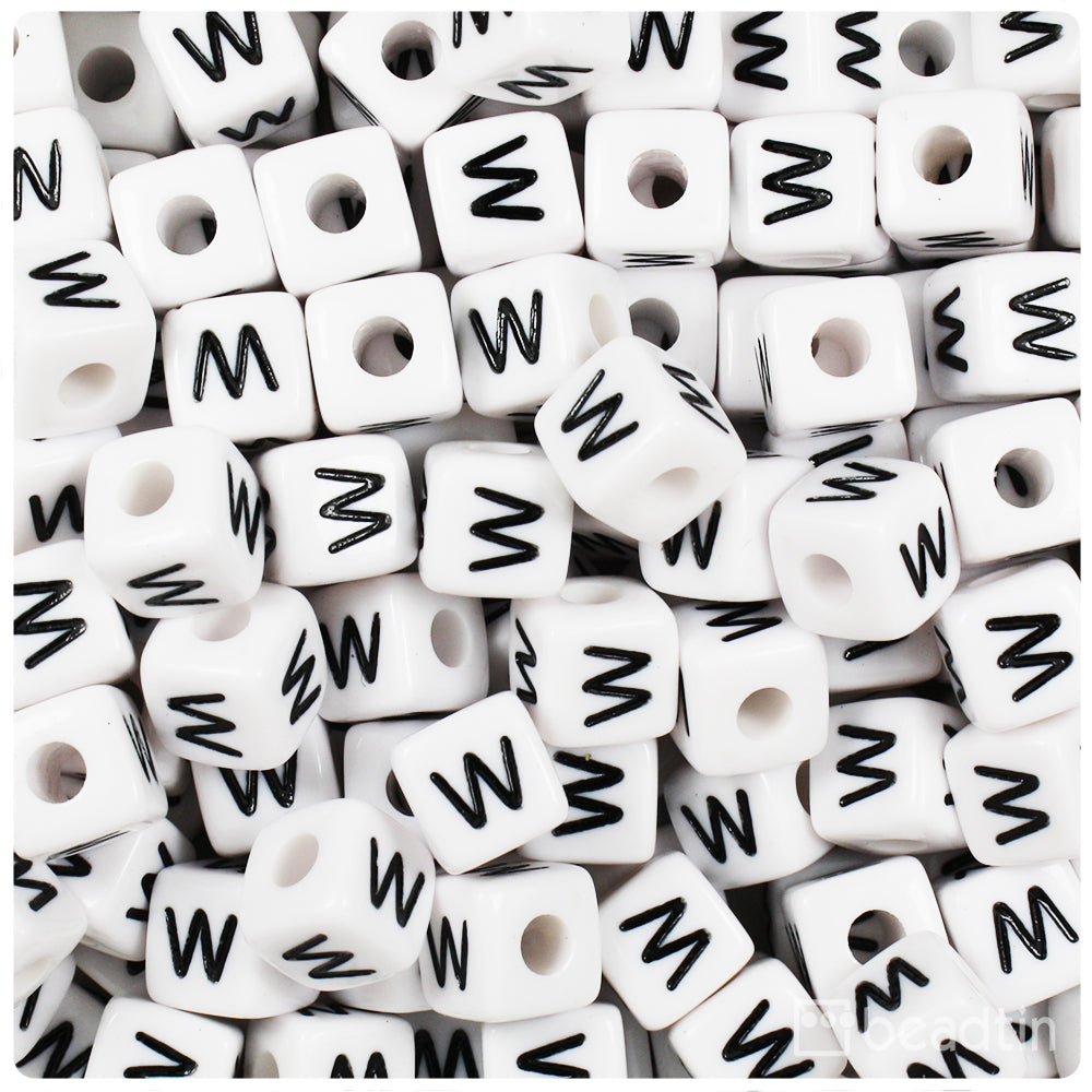 White Opaque 10mm Cube Alpha Beads - Black Letter W (20pcs)