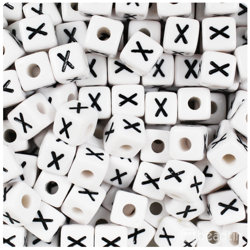 White Opaque 10mm Cube Alpha Beads - Black Letter X (20pcs)