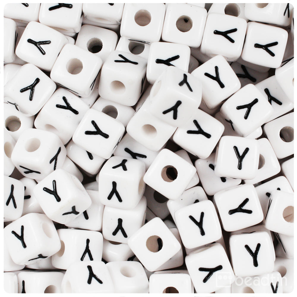 White Opaque 10mm Cube Alpha Beads - Black Letter Y (20pcs)