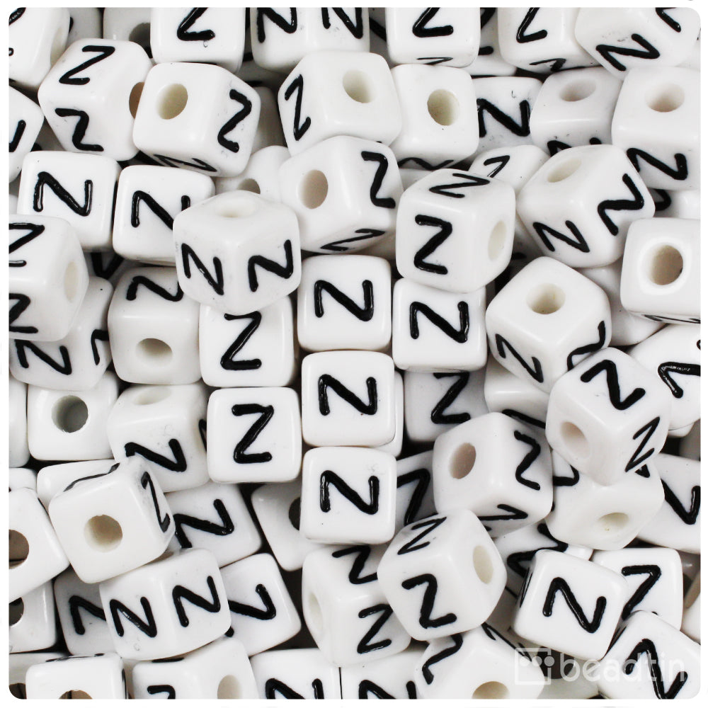White Opaque 10mm Cube Alpha Beads - Black Letter Z (20pcs)