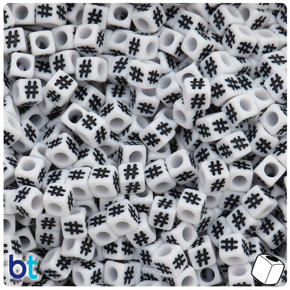 White Opaque 6mm Cube Alpha Beads - Black Hashtag (200pcs)