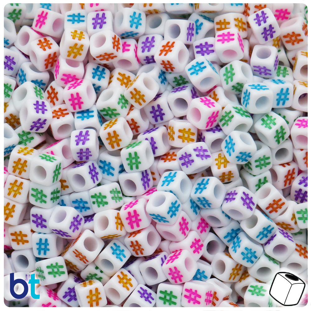 White Opaque 6mm Cube Alpha Beads - Colored Hashtag (200pcs)