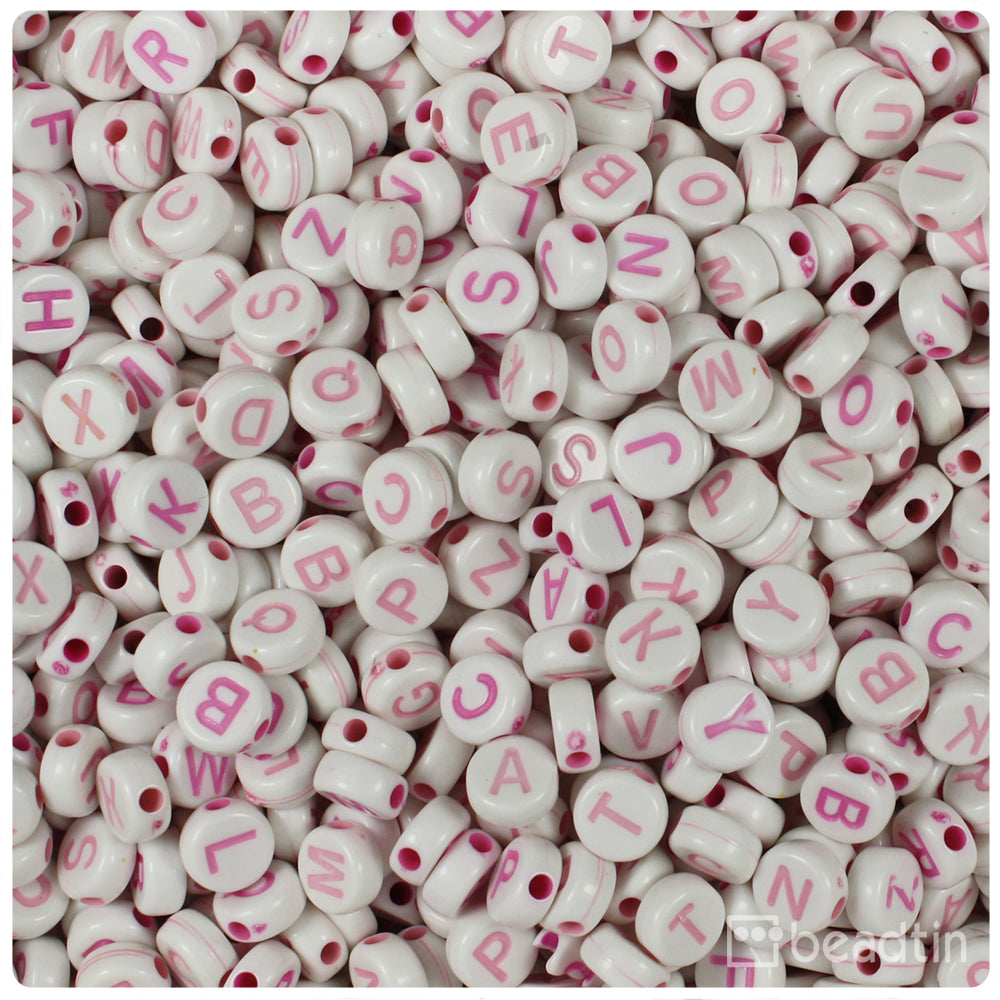 White Opaque 7mm Coin Alpha Beads - Pink Letter Mix (250pcs)