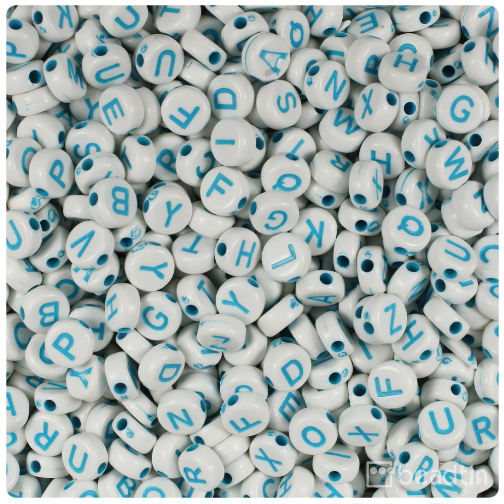 White Opaque 7mm Coin Alpha Beads - Light Blue Letter Mix (250pcs)