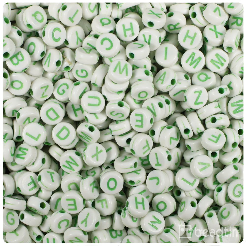 White Opaque 7mm Coin Alpha Beads - Green Letter Mix (250pcs)