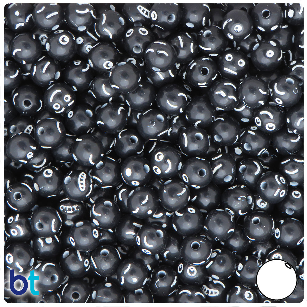 Black Opaque 8mm Round Alpha Beads - White Faces (200pcs)