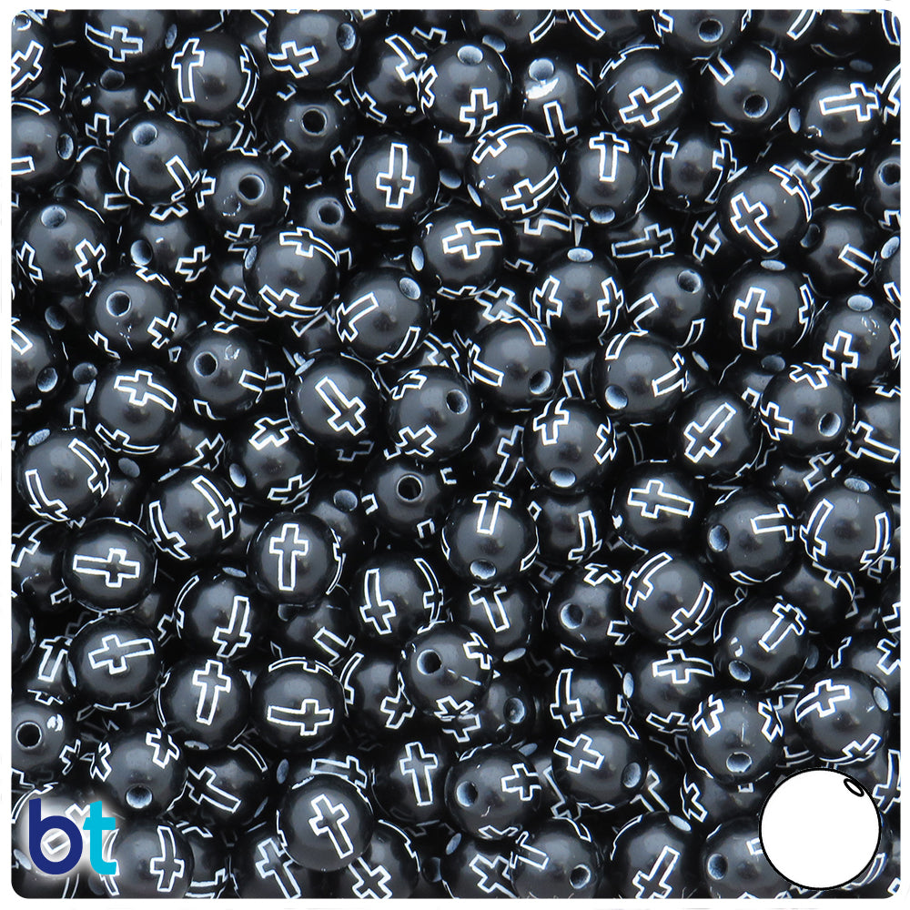 Black Opaque 8mm Round Plastic Beads - White Accent Crosses (200pcs)