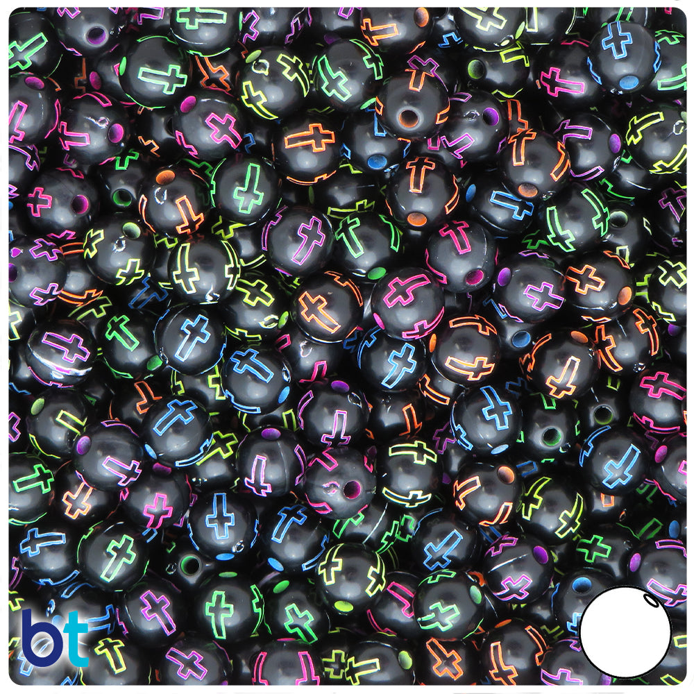 Black Opaque 8mm Round Plastic Beads - Colored Accent Crosses (200pcs)