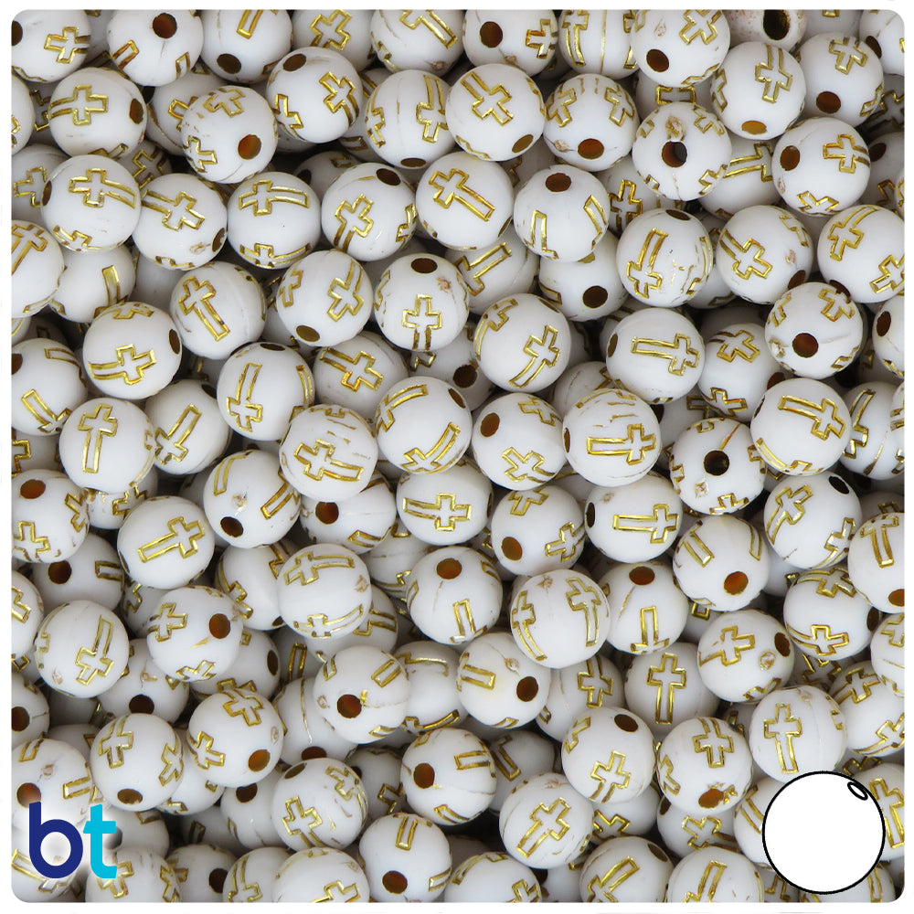 White Opaque 8mm Round Plastic Beads - Gold Accent Crosses (200pcs)