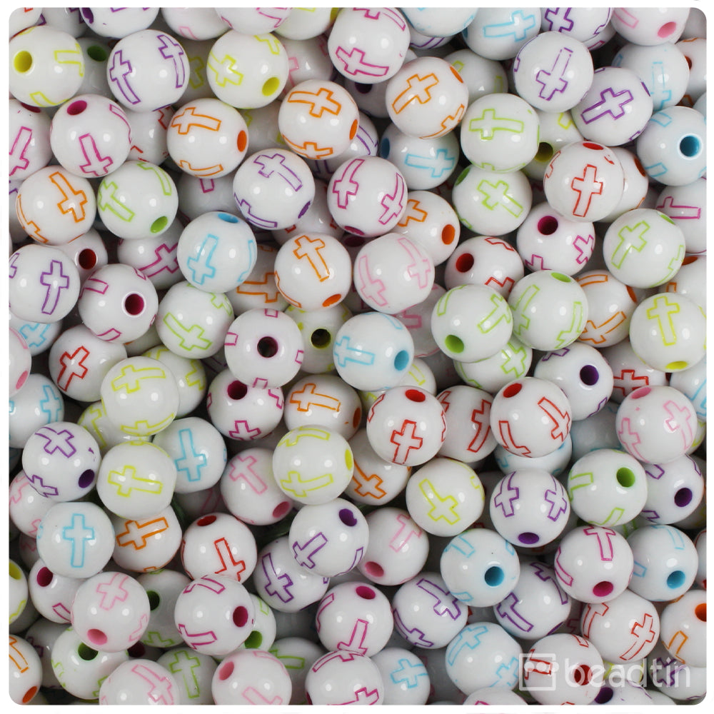 White Opaque 8mm Round Plastic Beads - Colored Accent Crosses (200pcs)