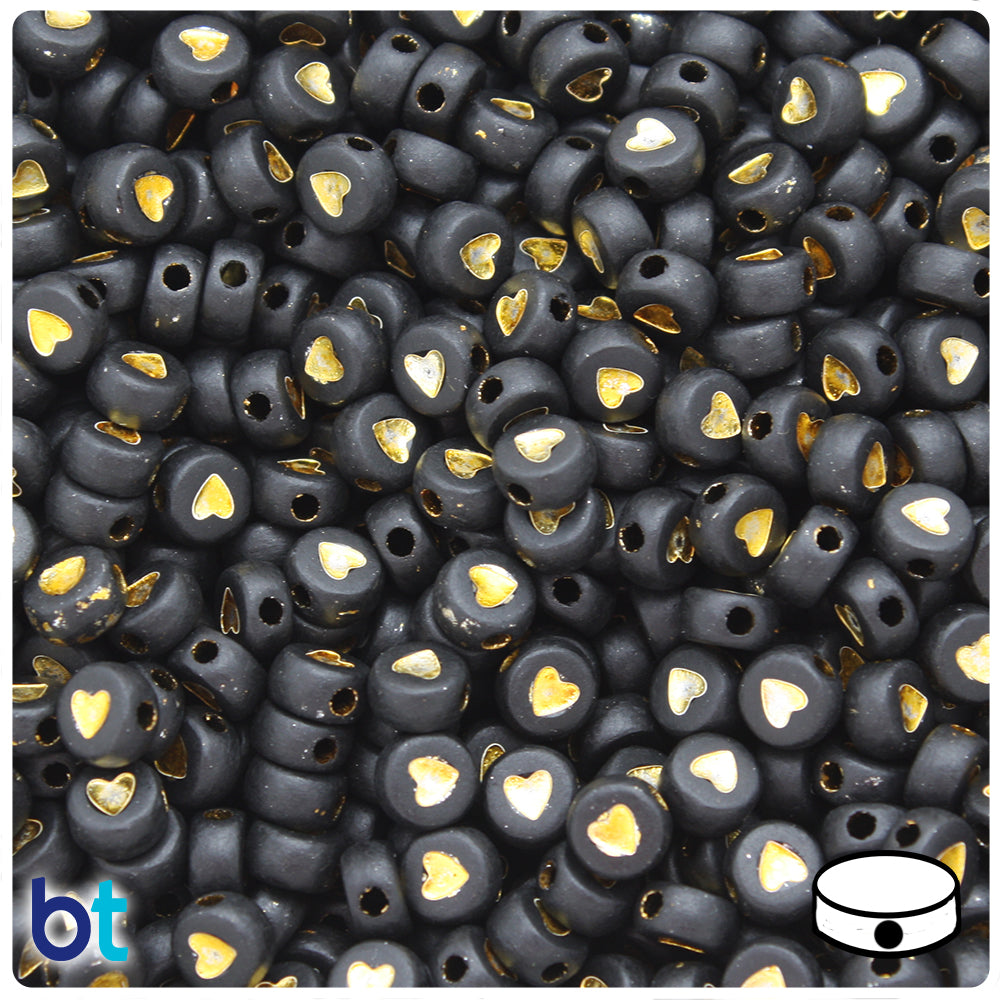 Black Opaque 7mm Coin Alpha Beads - Gold Hearts (250pcs)