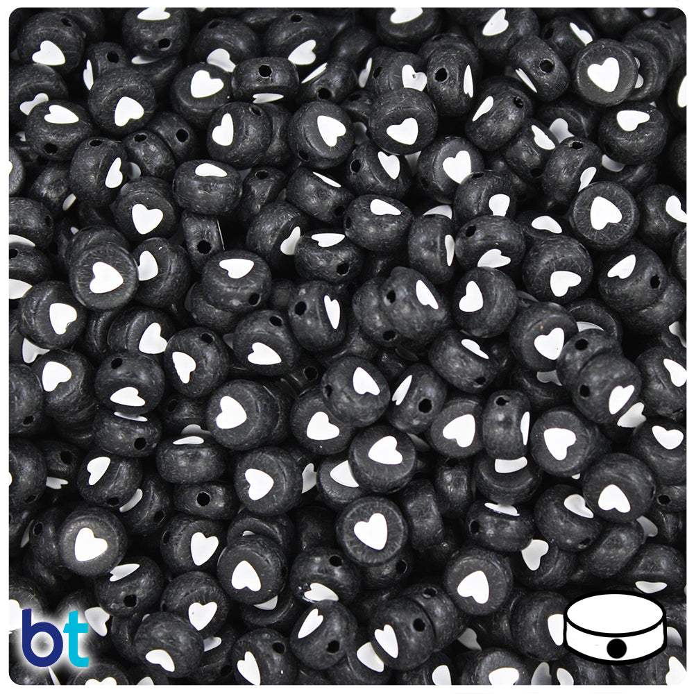 Black Opaque 7mm Coin Alpha Beads - White Hearts (250pcs)