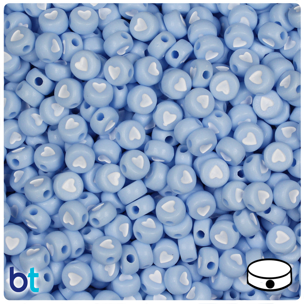 Light Blue Opaque 7mm Coin Alpha Beads - White Hearts (250pcs)