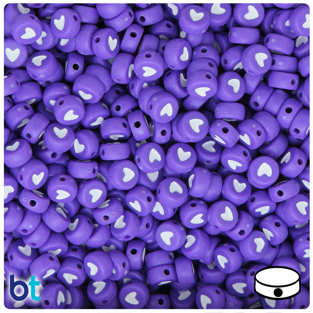 Purple Opaque 7mm Coin Alpha Beads - White Hearts (250pcs)