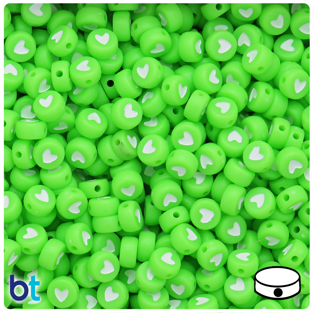Green Opaque 7mm Coin Alpha Beads - White Hearts (250pcs)