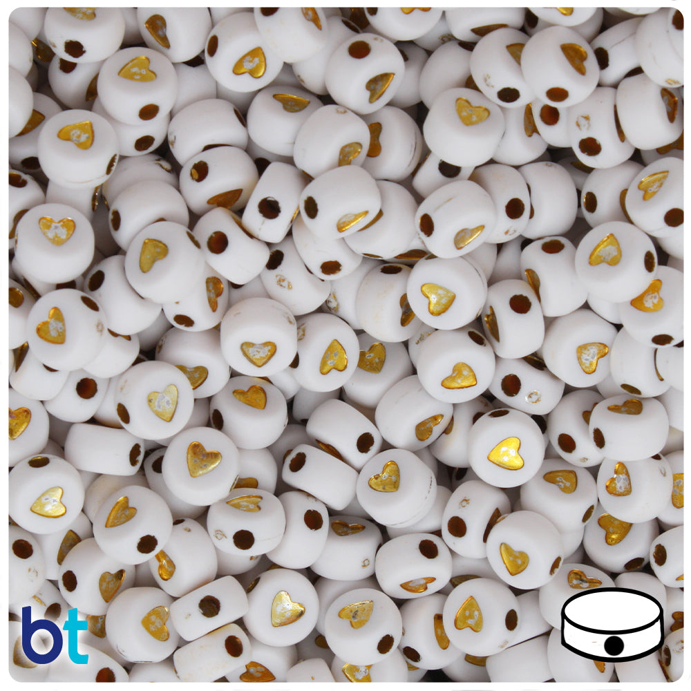 White Opaque 7mm Coin Alpha Beads - Gold Hearts (250pcs)