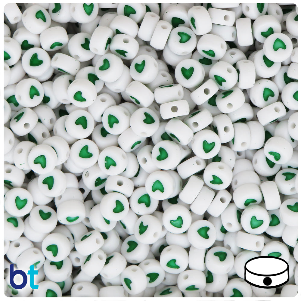 White Opaque 7mm Coin Alpha Beads - Green Hearts (250pcs)