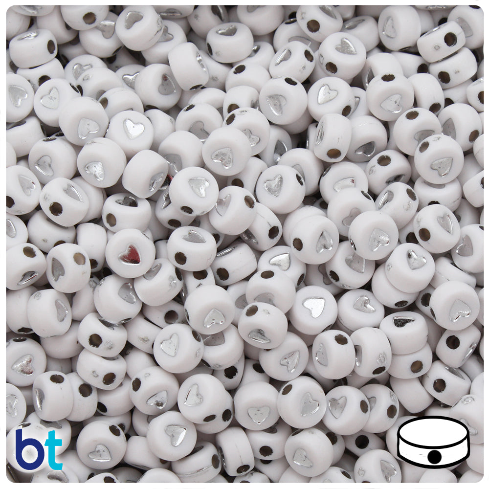 White Opaque 7mm Coin Alpha Beads - Silver Hearts (250pcs)
