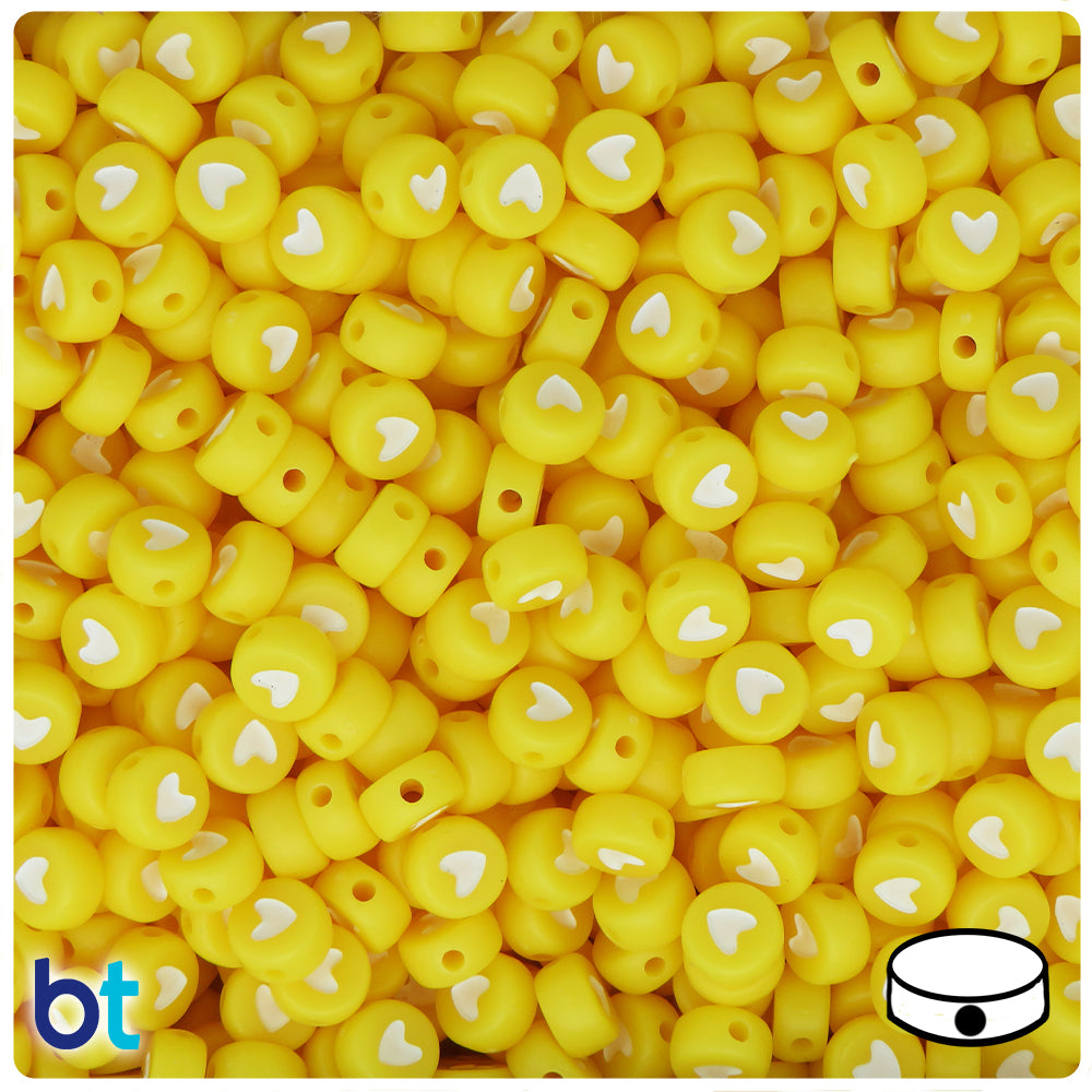 Yellow Opaque 7mm Coin Alpha Beads - White Hearts (250pcs)