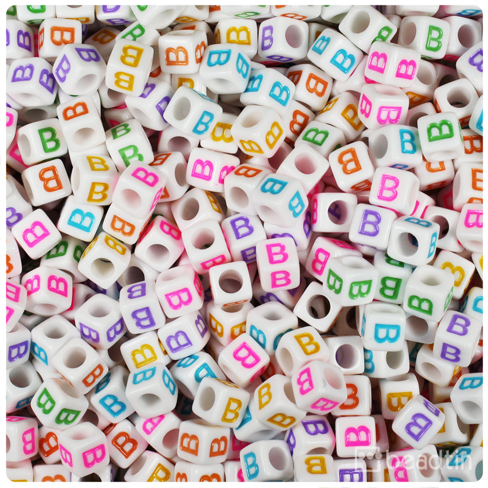 White Opaque 6mm Cube Alpha Beads - Colored Letter B (80pcs)