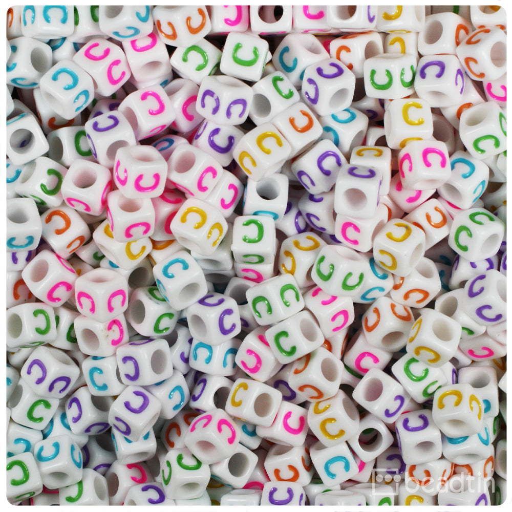 White Opaque 6mm Cube Alpha Beads - Colored Letter C (80pcs)