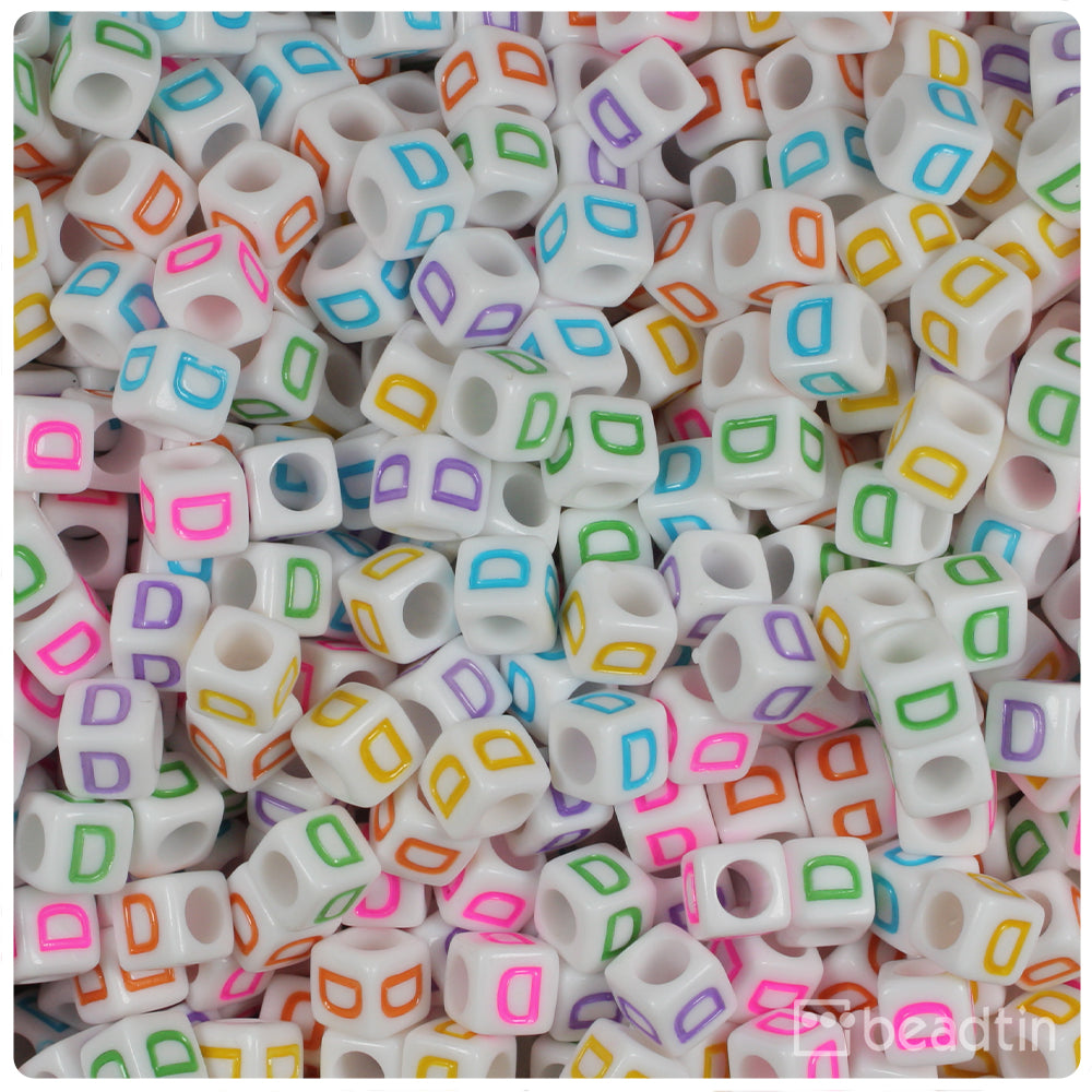 White Opaque 6mm Cube Alpha Beads - Colored Letter D (80pcs)