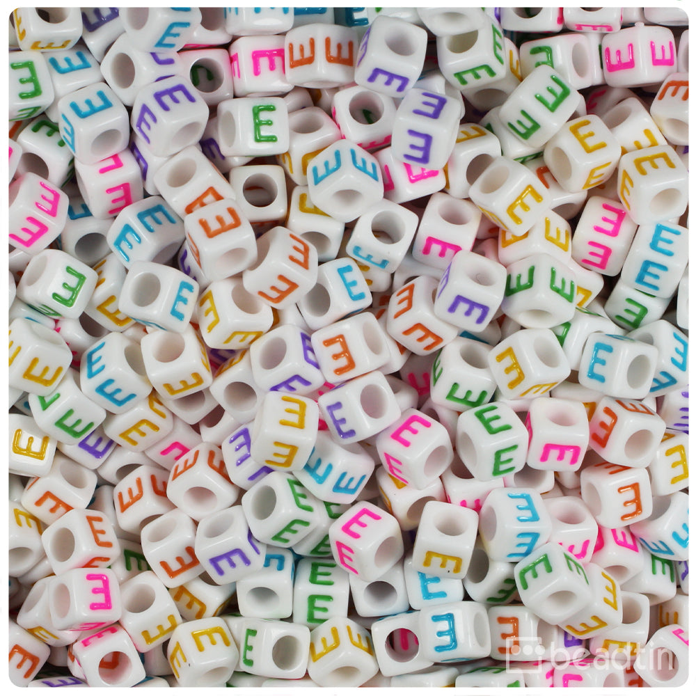 White Opaque 6mm Cube Alpha Beads - Colored Letter E (80pcs)