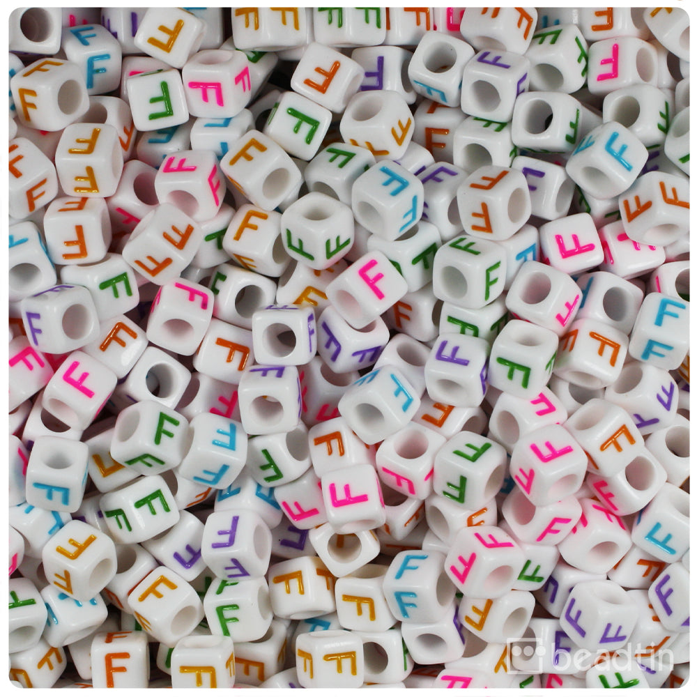 White Opaque 6mm Cube Alpha Beads - Colored Letter F (80pcs)