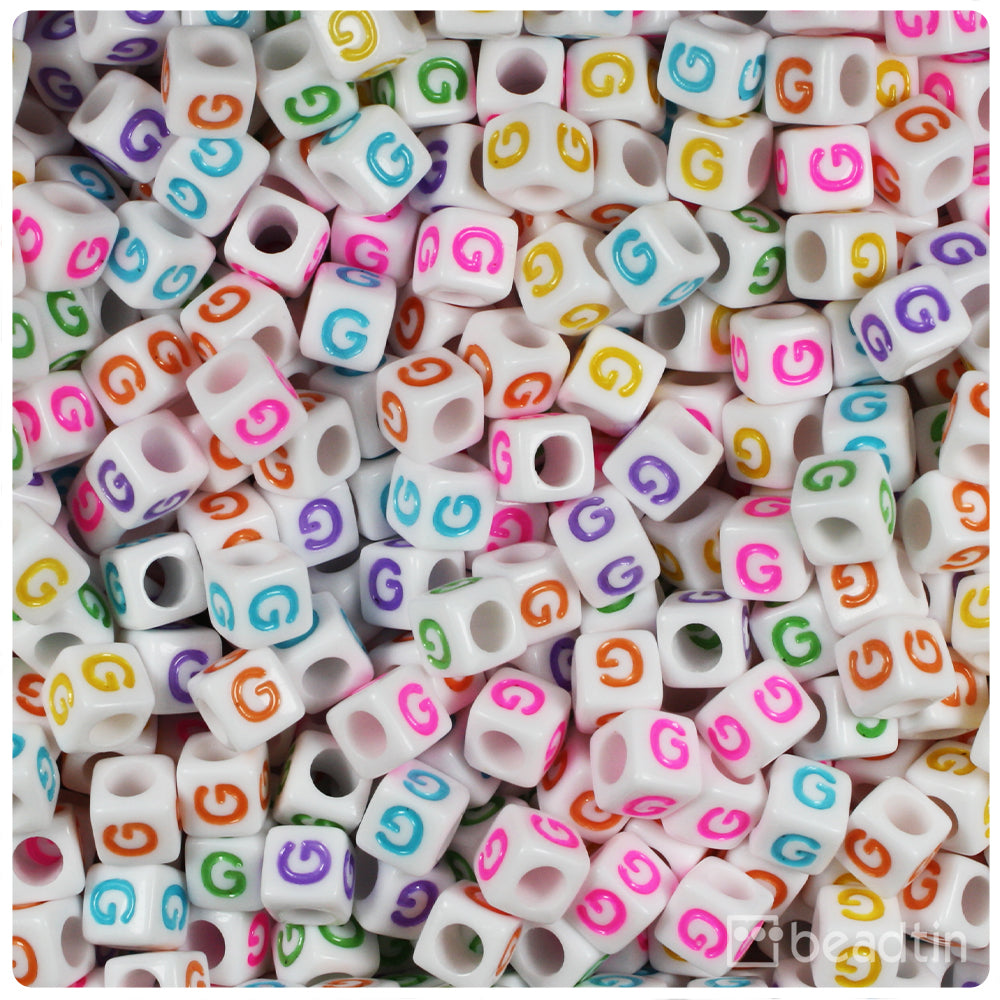 White Opaque 6mm Cube Alpha Beads - Colored Letter G (80pcs)