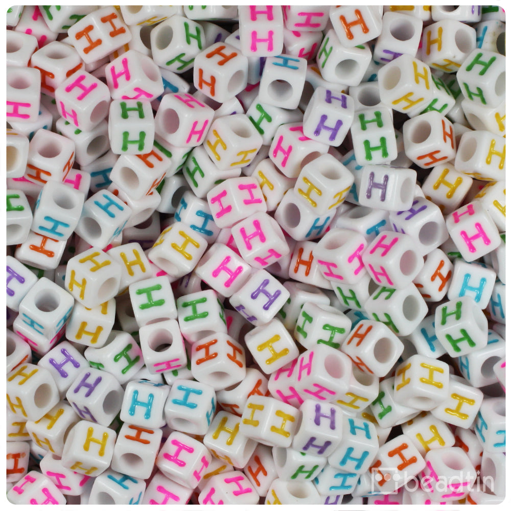White Opaque 6mm Cube Alpha Beads - Colored Letter H (80pcs)