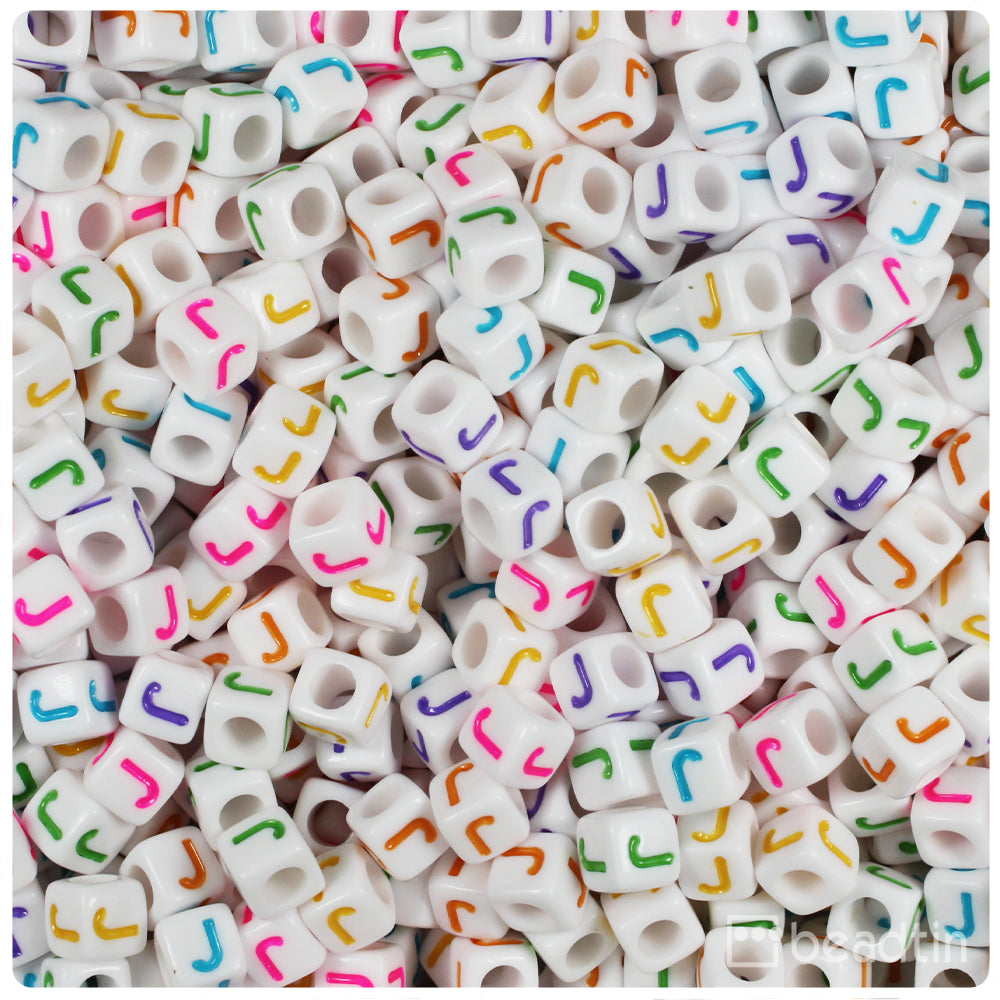 White Opaque 6mm Cube Alpha Beads - Colored Letter J (80pcs)