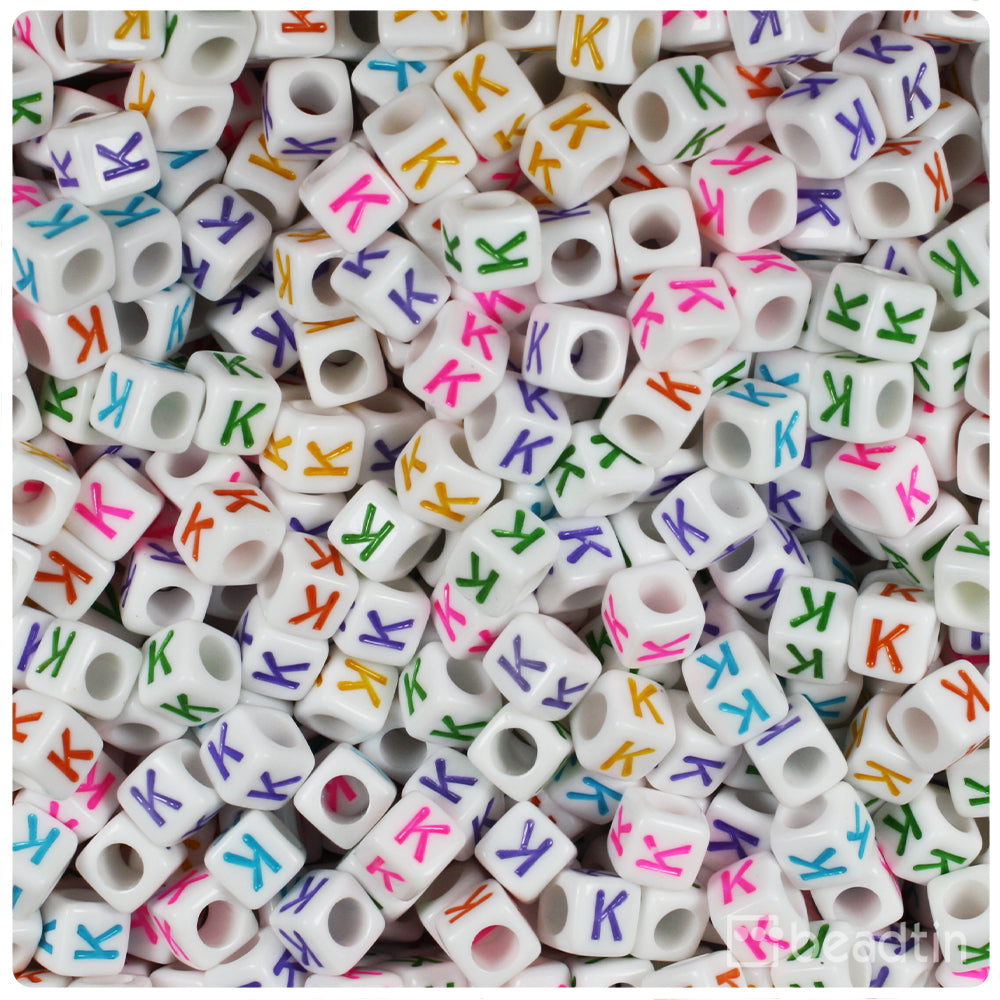 White Opaque 6mm Cube Alpha Beads - Colored Letter K (80pcs)