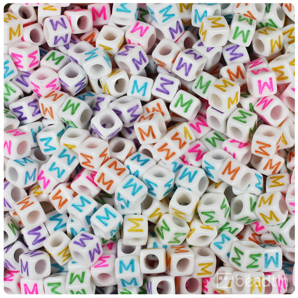 White Opaque 6mm Cube Alpha Beads - Colored Letter M (80pcs)