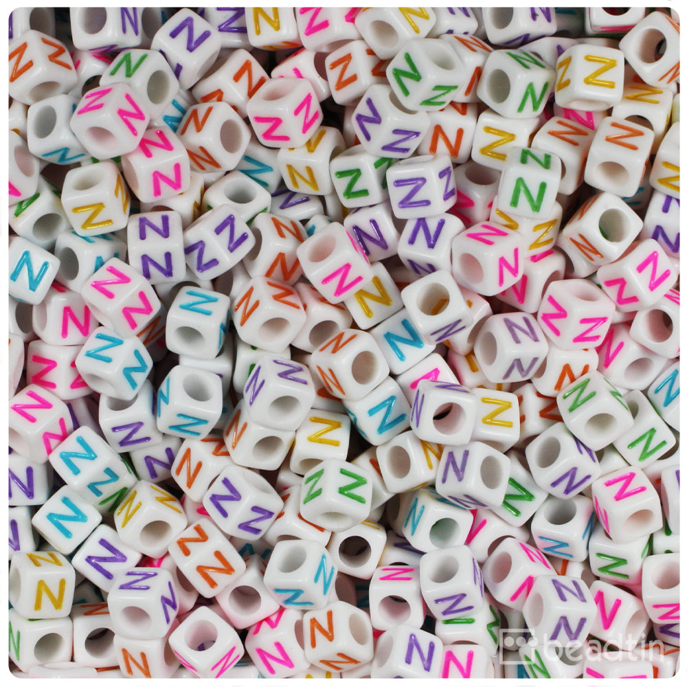 White Opaque 6mm Cube Alpha Beads - Colored Letter N (80pcs)