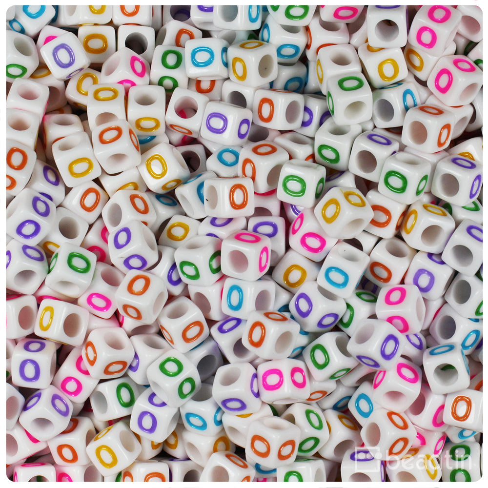 White Opaque 6mm Cube Alpha Beads - Colored Letter O (80pcs)